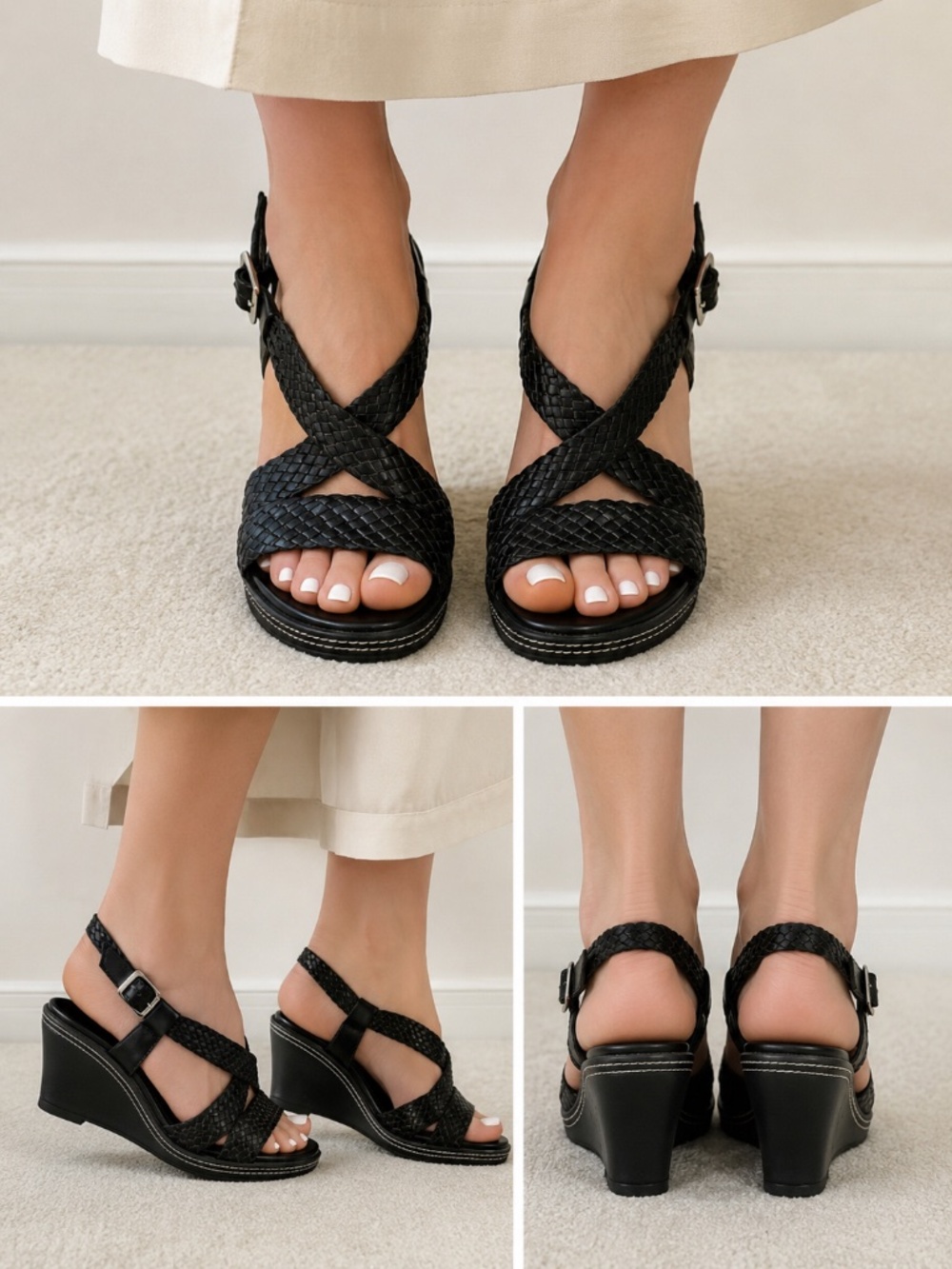 Audrey Brooke Black Woven Leather Sandals